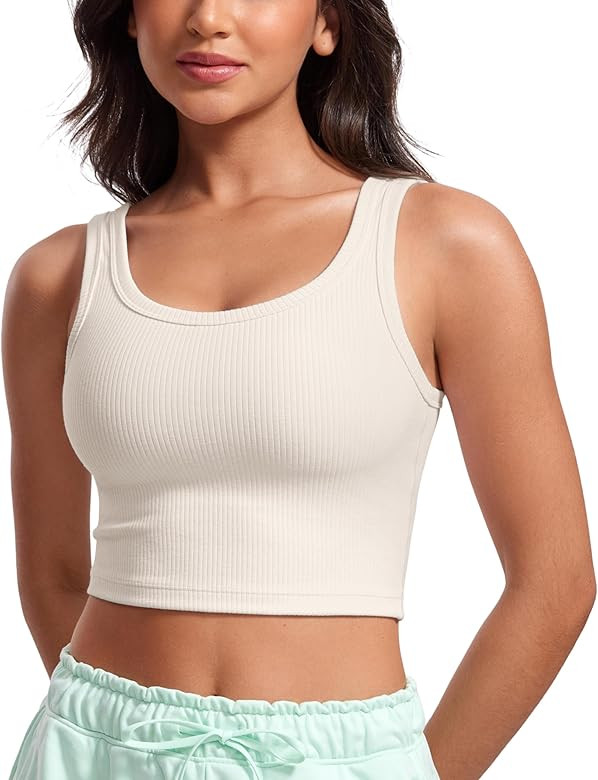 CRZ YOGA Womens Ribbed Longline Sports Bra - U Neck Padded Yoga Cami Workout Crop Tank Top Built ... | Amazon (US)