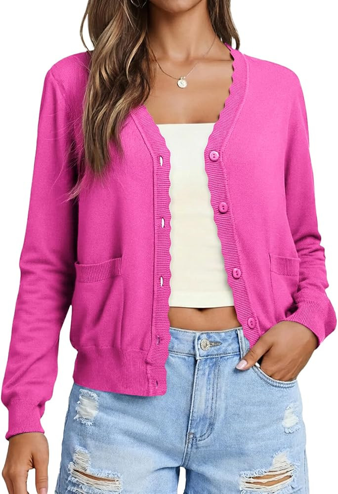 AGSEEM Womens Long Sleeve V Neck Button Up Lightweight Cardigan with Pockets Knit Open Front Swea... | Amazon (US)