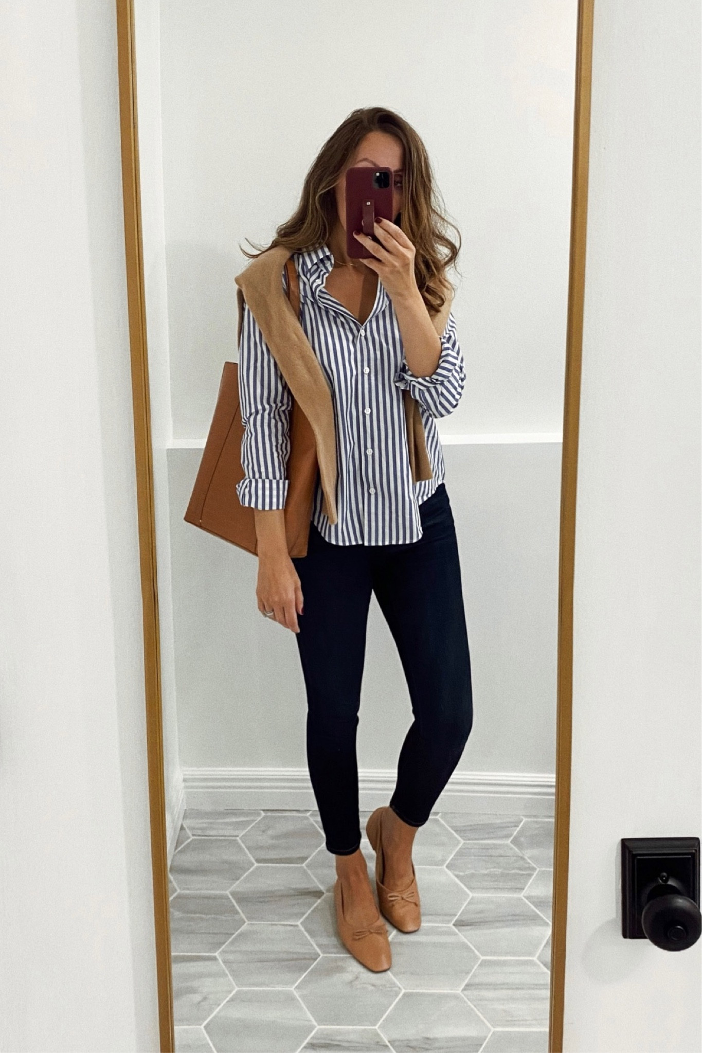 Flats tts for me. Color is a light nude in person (same as the linked photo).  Shirt tts. Cashmere sweater in small. Don’t remember what jeans these are but linked similar  

#LTKsalealert #LTKshoecrush #LTKstyletip