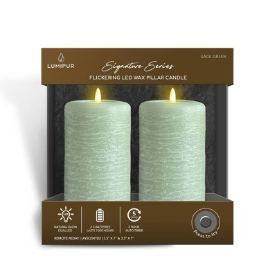 LumiPur 2pk 3.5"x7" Signature Natural Glow Flameless Wax Pillar LED Candle Sage Green | Target