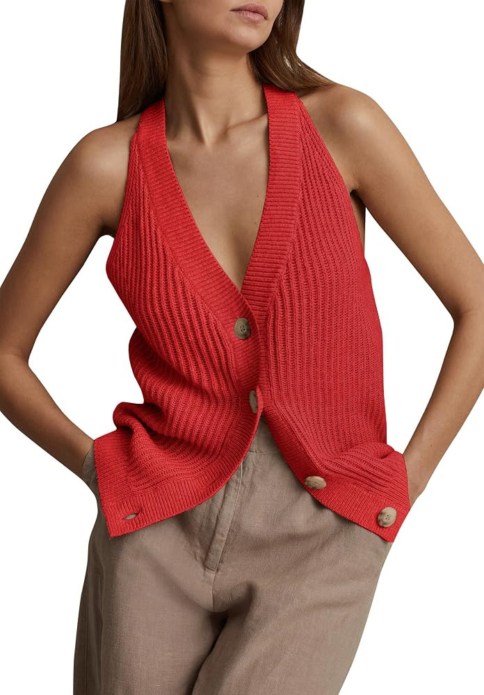 Womens Button-Front Sweater Vest Top V Neck Sleeveless Knit Tank Fitted Halter Raceback Cardigan ... | Amazon (US)