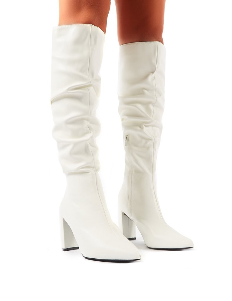 Mine Wide Fit White PU Knee High Boots | Public Desire (US & CA)