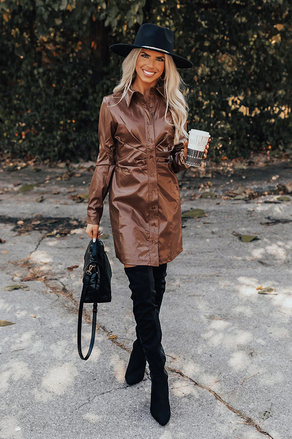 Own The World Faux Leather Dress In Chocolate | Impressions Online Boutique