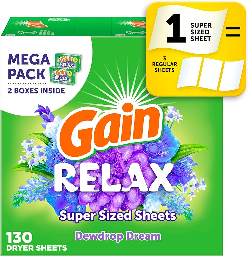 Gain Super Sized Dryer Sheets, Laundry Fabric Softener, Relax, 130 Count | Amazon (US)