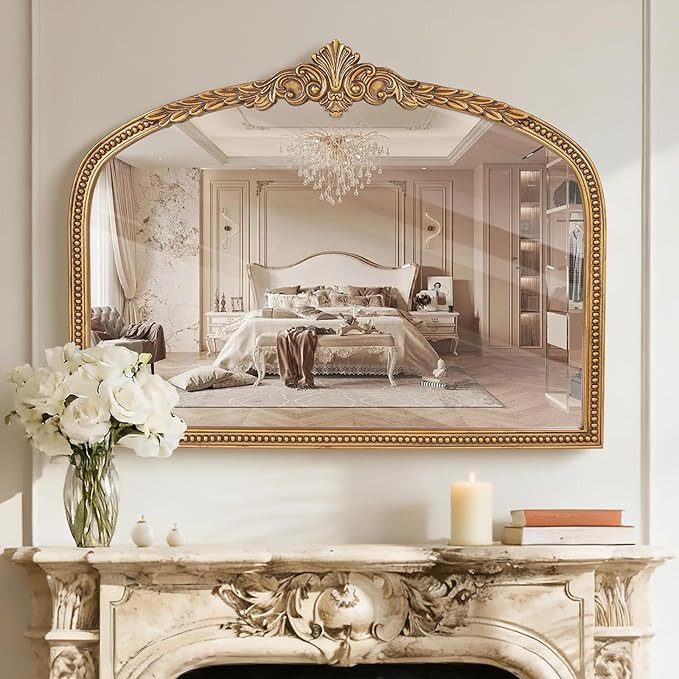 Amazon.com: Tiuposr Farmhouse Wide Arched Mirror - 32x42 Inches Antique Gold Baroque Wooden Mirro... | Amazon (US)