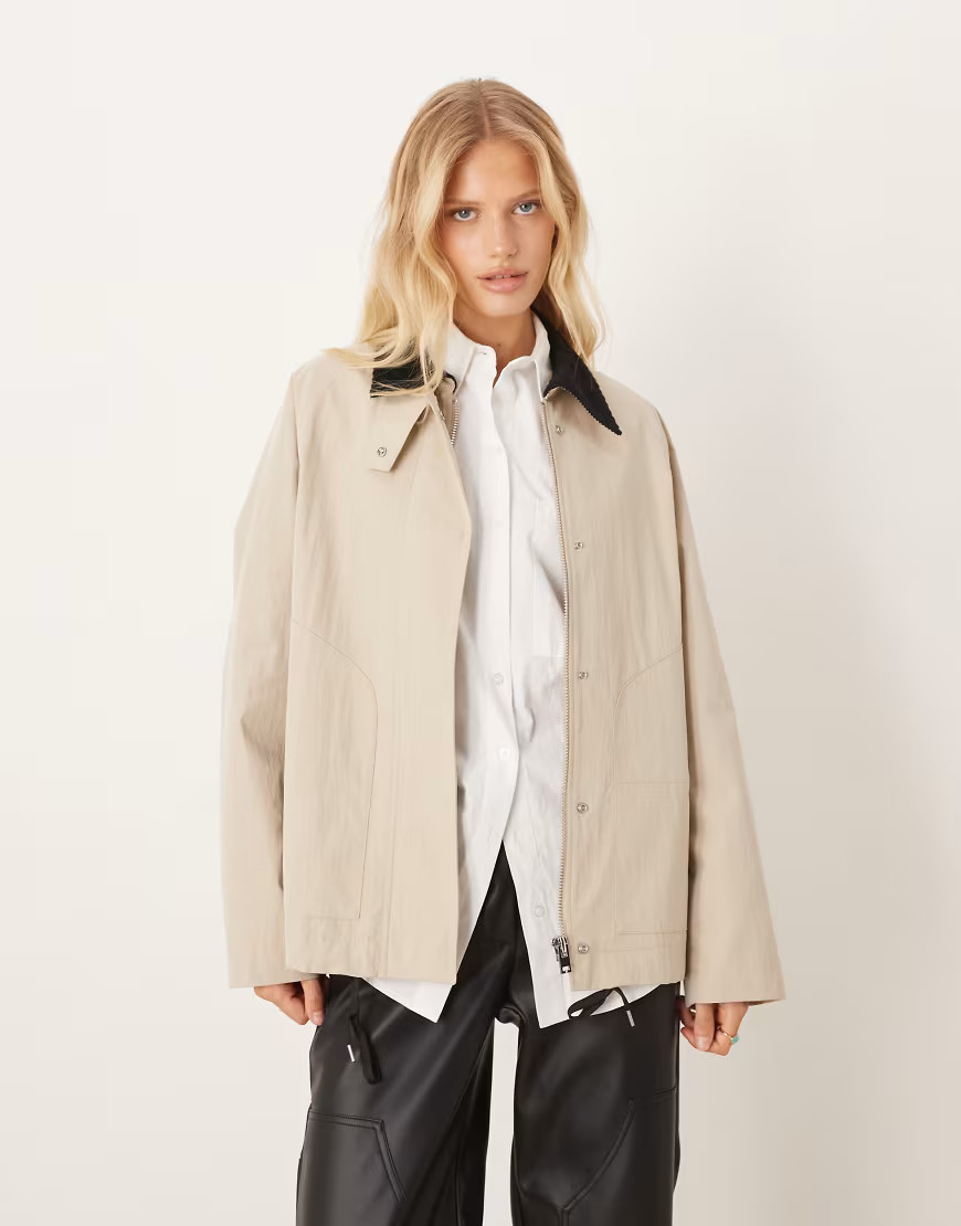 Mango cotton mix barn jacket with contrast collar in beige-Neutral | ASOS (Global)