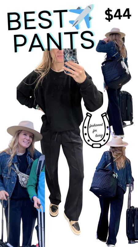 Travel outfit. Plane outfit.

Size reference 5’ 9” 140 lbs

Black crewneck sweater - medium tall

Straight leg travel pants- medium 
(In the regular length - also comes in petite and tall lengths)

Denim jacket - medium

Belt bag - true gem!! Only $35! I have had it for years and it’s still going strong!

Personal bag - I have had my MZ Wallace bag for over a year and it’s been on numerous trips. I LOVE it! 

Carry on suitcase - I have had it for several years and it still like new! It’s been on numerous trips.

Travel look. Cute airport outfit. Vacation outfit. Cute plane outfit. Plane pants. Spanx dupes. Air essentials dupe. Boot cut athletic pants. Travel style. High low outfit. Best personal bag. Carry on suitcase. Travel essentials. Travel outfit. 

#LTKsalealert #LTKtravel #LTKfindsunder50