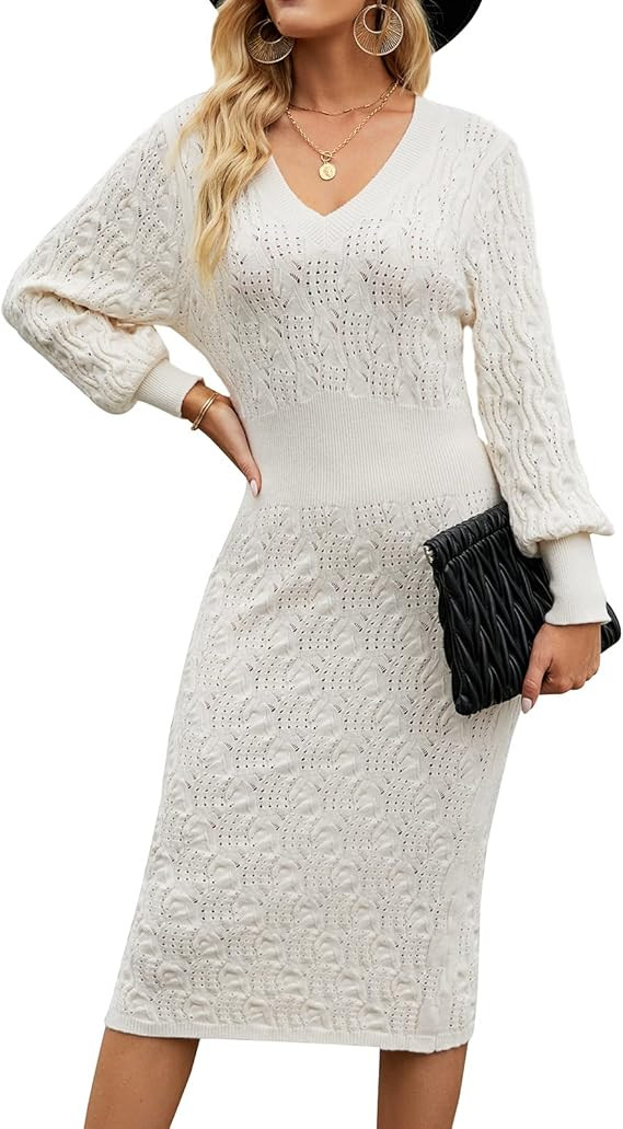 Simple Flavor Women's V-Neck Long Sleeve Cable Knit Slim Bodycon Sweater Midi Dress | Amazon (US)