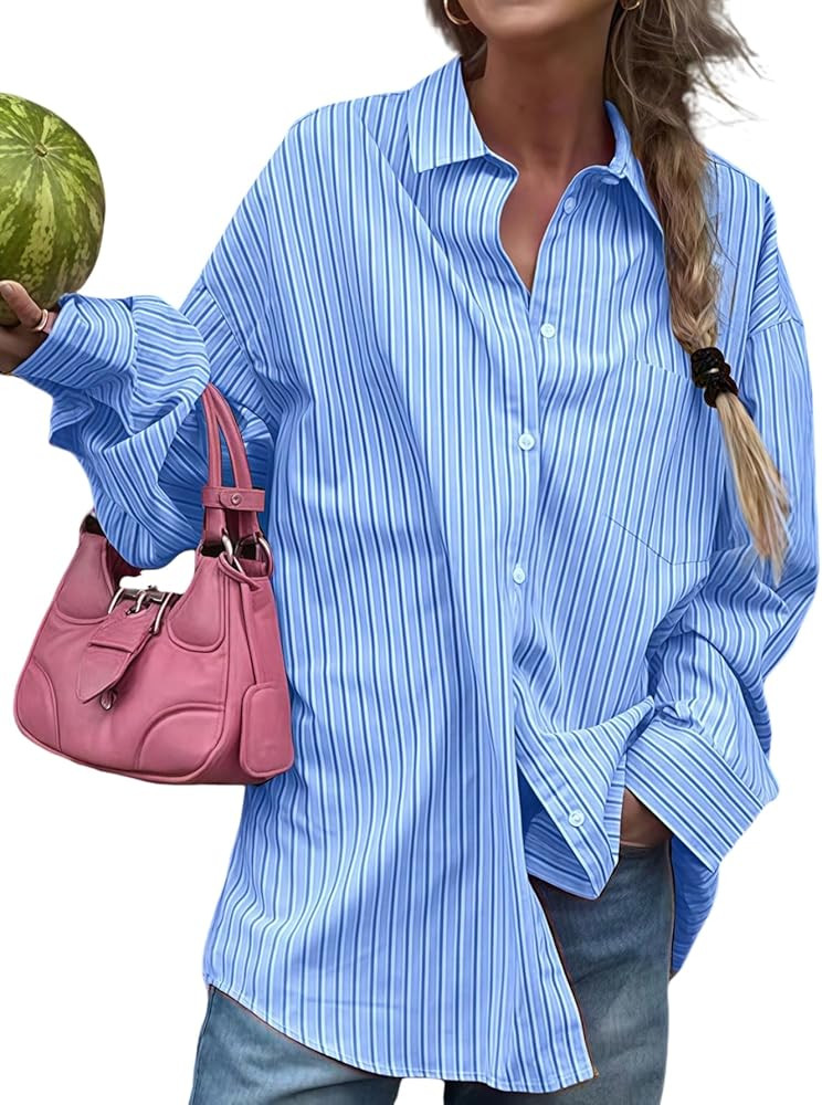 SOLY HUX Women's Button Down Shirts Striped Long Sleeve Oversized Shirt Collared Office Work Blou... | Amazon (US)