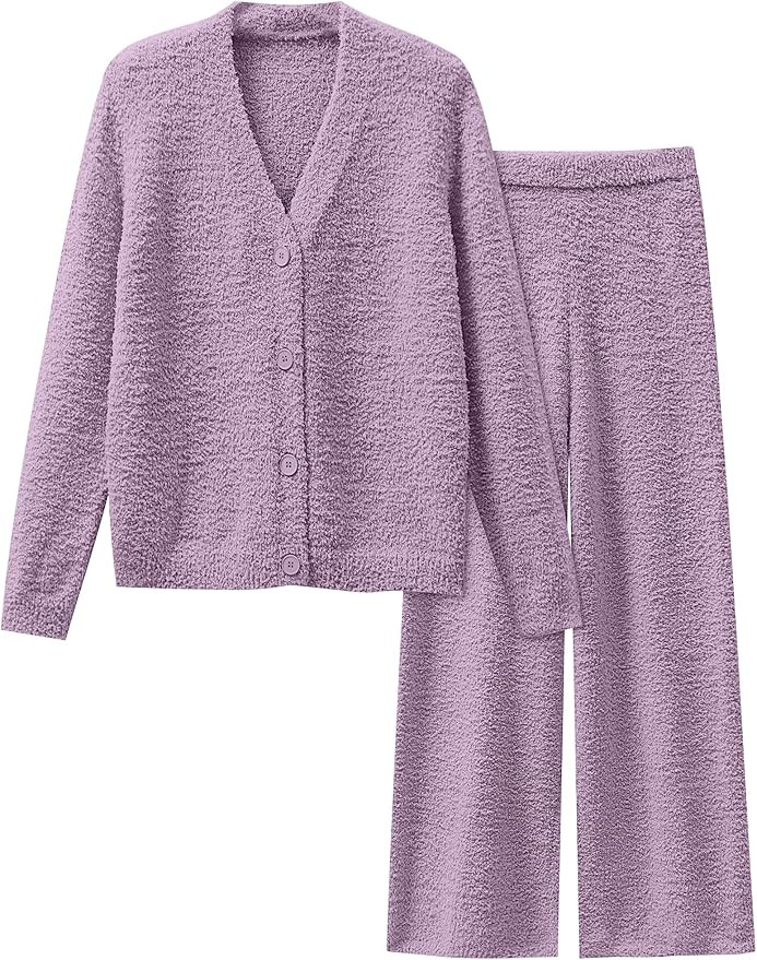 ANRABESS Women Pajama Lounge Sets Fuzzy Fleece 2 Piece Outfits Long Sleeve Cardigan Wide Leg Pant... | Amazon (US)