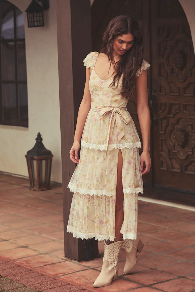 Dolora Blush Floral Bustier Tiered Midi Dress | Lulus