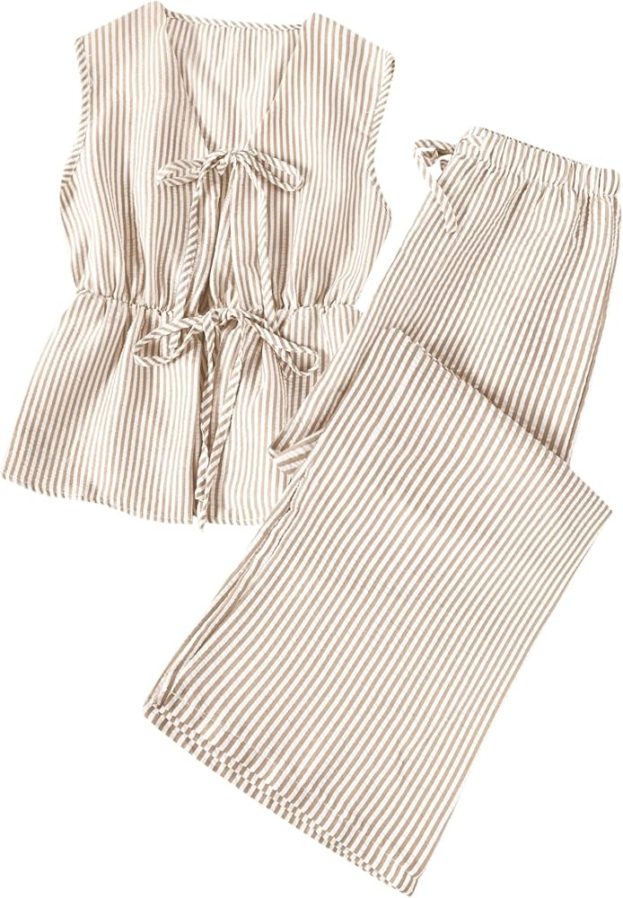 Remidoo Women's Striped 2 Piece Set Tie Front Peplum Tank Tops Wide Leg Pants Sets | Amazon (US)