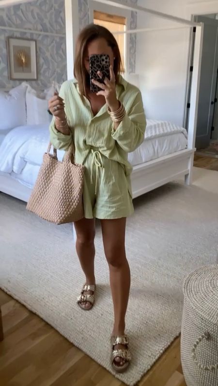 summer ootd 🌞 || this gauze set is so good I got it in another color, will be on repeat all summer long! 

wearing a medium + light green color 
I would size up a half size in the slides
tote is the apricot color 

-save + share 
-shop in the amazon store front or LTK app 💫 
#summerstyle #summerootd #matchingset #summeroutfit #amazon #amazonstyle #casualoutfit #momstyle 

#LTKSeasonal #LTKxPrimeDay #LTKunder100
