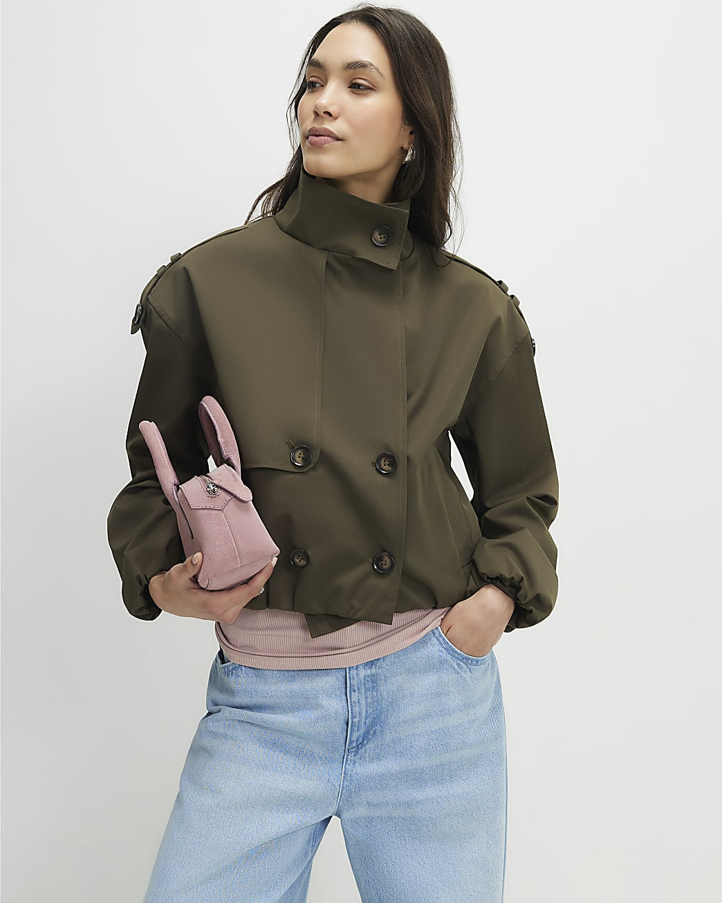 Khaki Funnel Neck Bubble Hem Trench Coat | River Island UK & IE