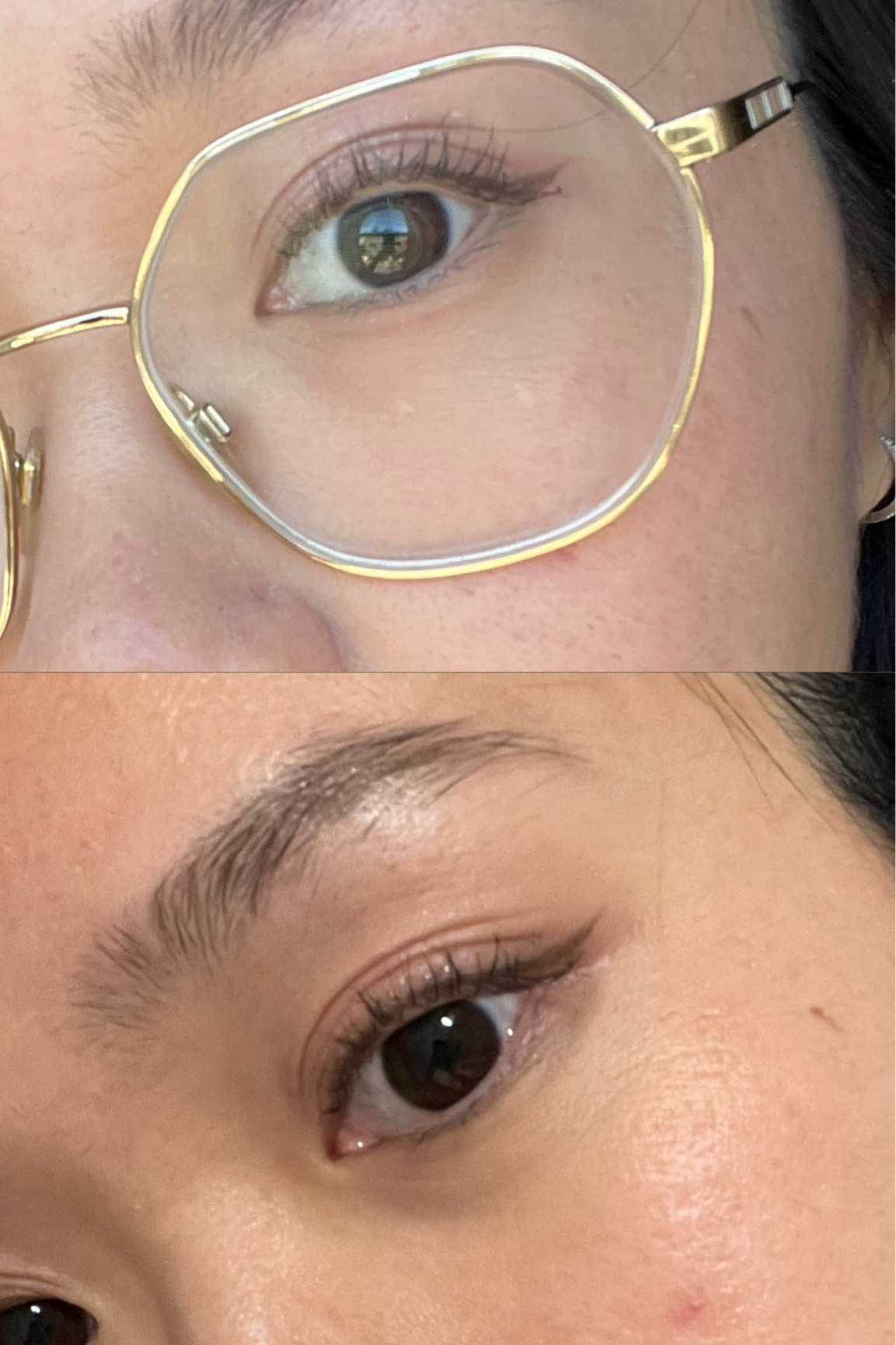 Best mascara for Asian lashes! Top is beginning of the day ~11 AM and bottom is 1 AM