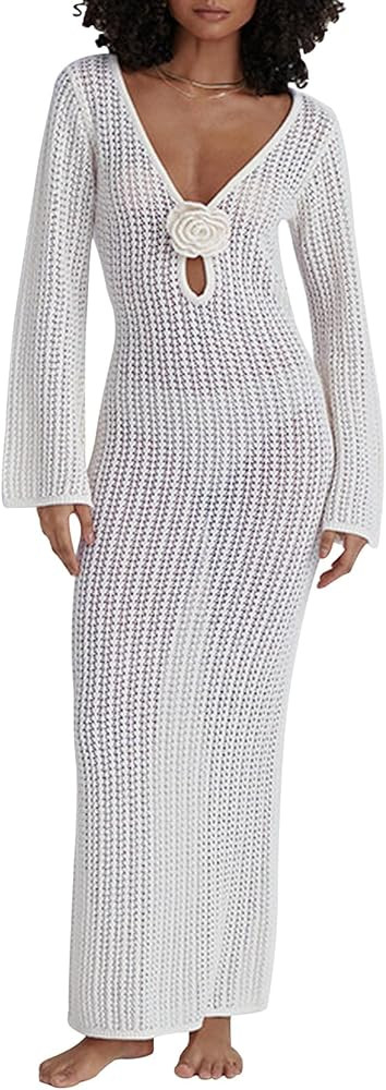 Leoparts Women's Knitted Swimsuit Cover Up 3D Floral Hollow Out Open Back Tie-Up Maxi Dress Beach... | Amazon (US)