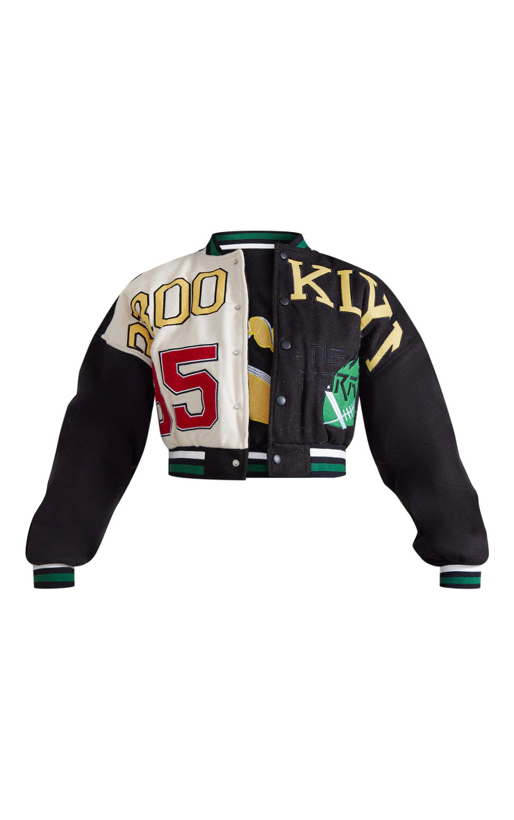 Black Wool Look Graphic Front Cropped Bomber Jacket | PrettyLittleThing US