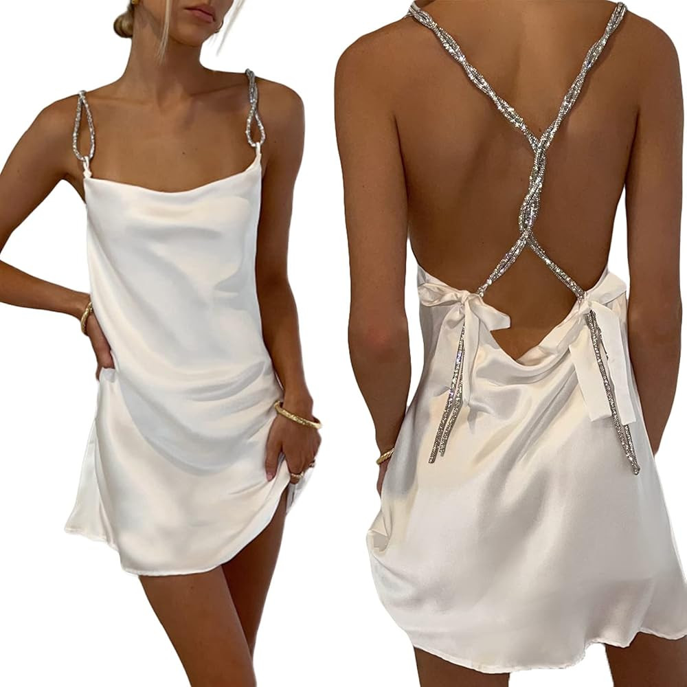 Reachlight Women Girls Backless Sequin Dresses Spaghetti Strap Deep V-Neck A-line Short Dress Spa... | Amazon (US)