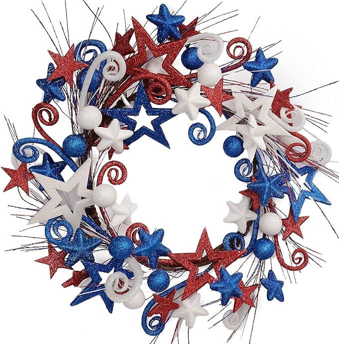 Bibelot 18in Red White Blue Artificial Floral Twig Wreath American Flag Wreath Patriotic Decorati... | Amazon (US)