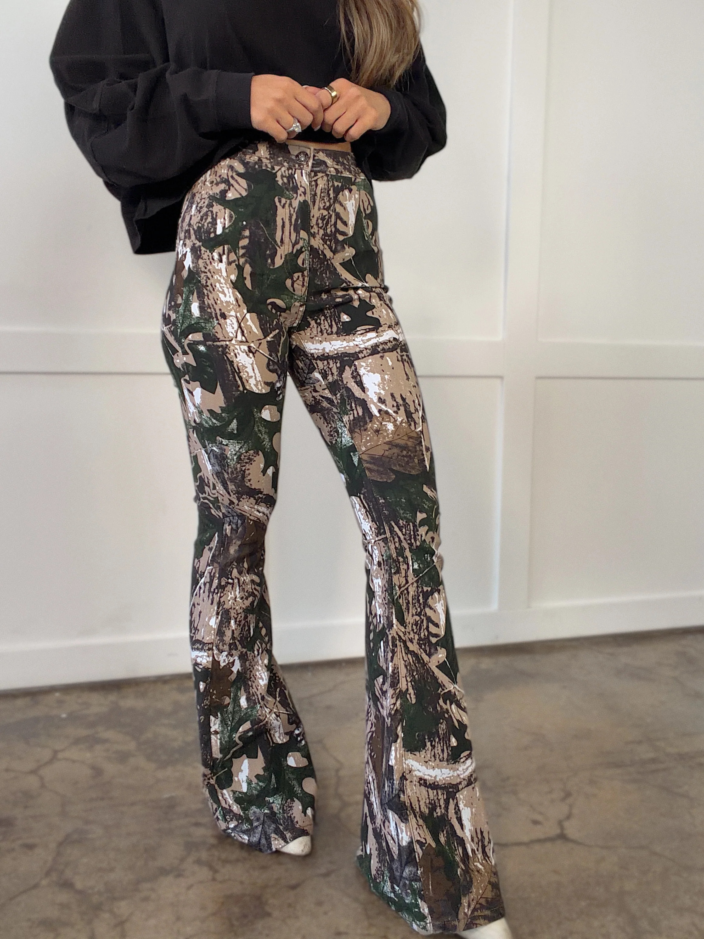 Fiona High Waisted Bell Bottom Flare Jeans - Camo | Willow Boutique