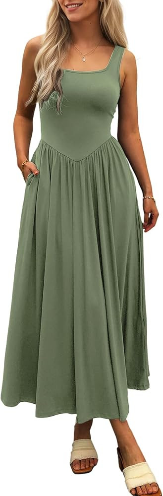 Mieazom Women's Summer Maxi Dress 2026 - Sleeveless Square Neck Casual Beach Sundress with Pocket... | Amazon (US)