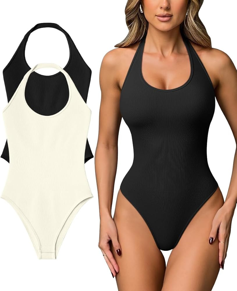 OQQ Women Halter Neck Bodysuits 2 Pack Sleeveless Shapewear One Piece Leotard Shirt Going Out Top... | Amazon (US)