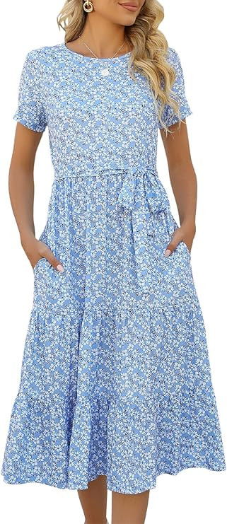 Lyrur Women's Dresses Casual Summer Tiered Midi Dress Short Sleeve Belted Ruffle Babydoll Boho Su... | Amazon (US)