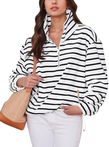 OLAPTA Women Striped Half Zip Up Stand Collar Sweatshirt Stripes Quarter Zipper Long Sleeve Overs... | Amazon (US)
