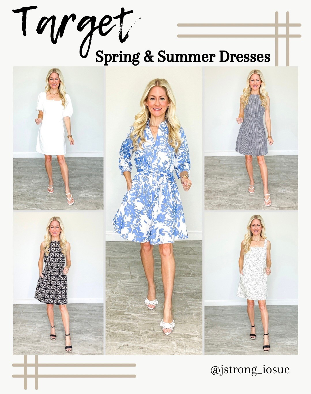 Target mini length dresses for Spring and Summer! Linen White dresses are lined. Navy blue gingham dress has a deep scoop back and button detailing down the front. Black and cream dress has an elastic waist creating a fitted look, it also has a tie at the neck. Blue and white floral dress is flowy, tie at the waist and has pockets…the perfect dress for Easter or Mother’s Day! 

#LTKFindsUnder50 #LTKStyleTip