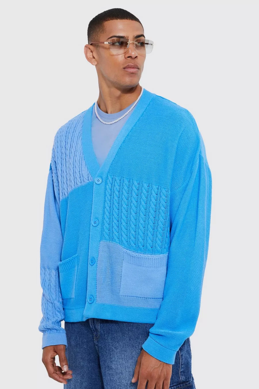 Boxy Fit Patchwork Knitted Cardigan | boohoo (US & Canada)