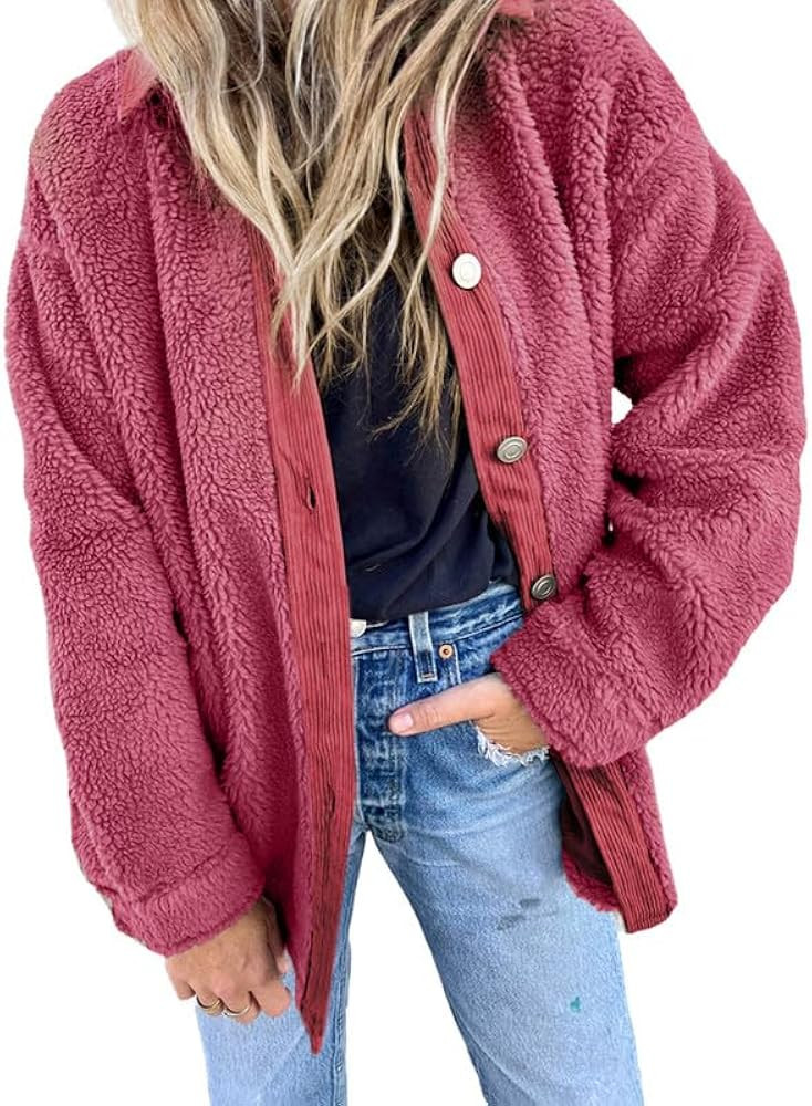 Dokotoo Womens Winter Coats Fleece Turn-down Collar Button Down Long Sleeve Sherpa Jackets with Pock | Amazon (US)