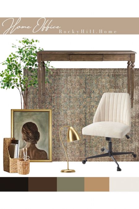 Home Office Moodboard with World Market turned leg desk, office chair, woman’s portrait, hyacinth office accessories, amber Lewis loloi sage rug, gold desk lamp

#LTKsalealert #LTKhome #LTKstyletip