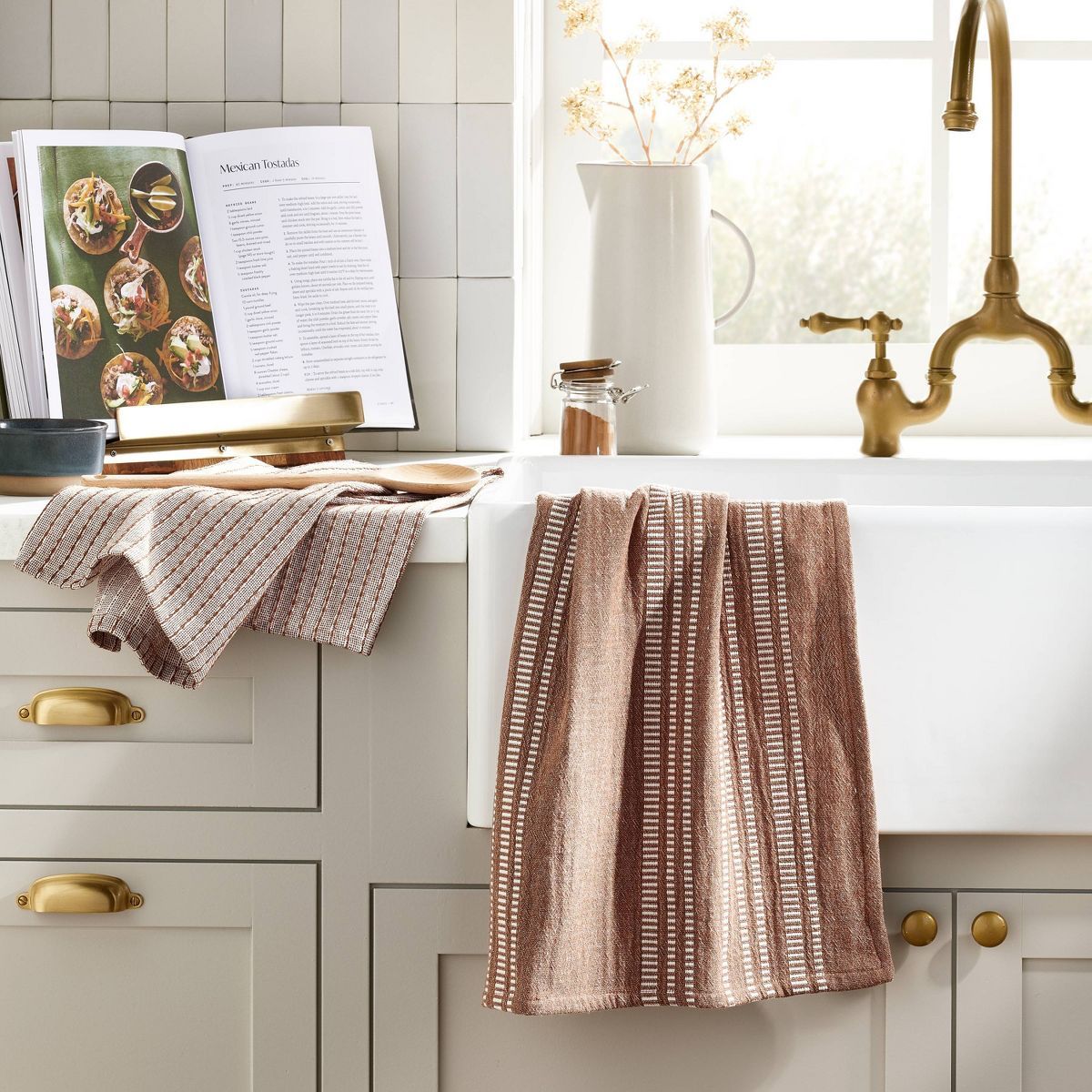 2ct Assorted Stripe Kitchen Towel Set Pumpkin Brown - Hearth & Hand™ with Magnolia | Target