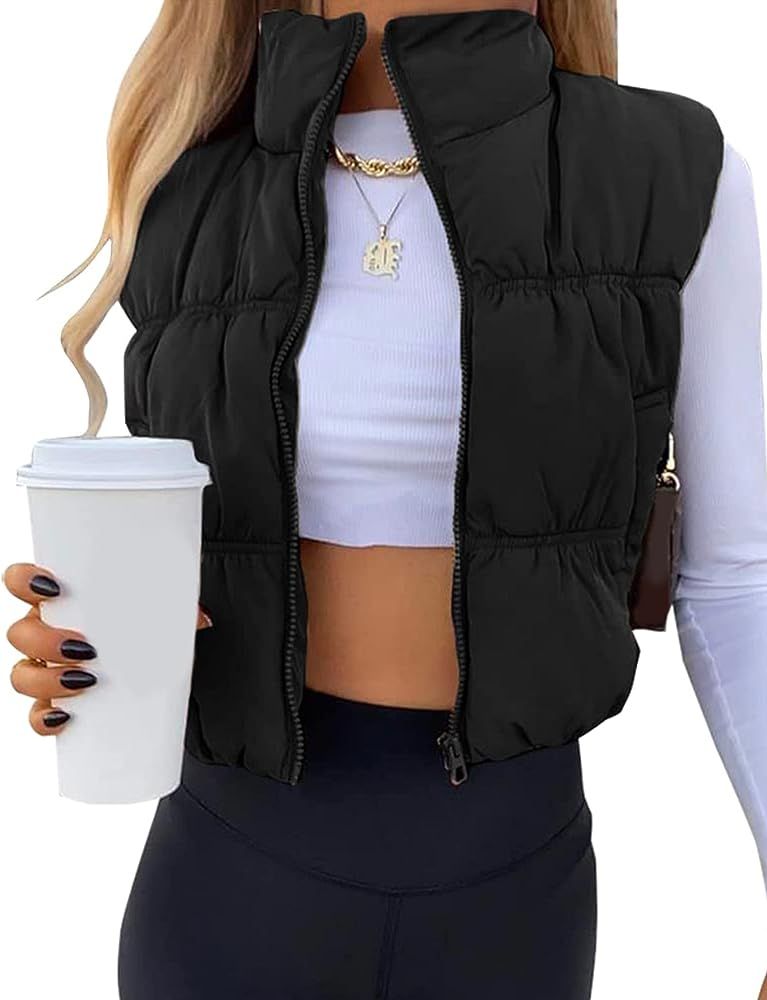 EsheSy Women's Cropped Puffer Vest Stand Collar Full Zip Sleeveless Warm Padded Jacket | Amazon (US)