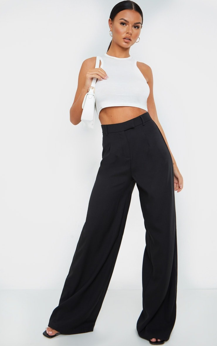 Black Woven Tailored Wide Leg Trousers | PrettyLittleThing UK