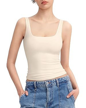 PUMIEY Women's Square Neck Tank Top Sleeveless Double Lined Basic Tops Sharp Collection | Amazon (US)