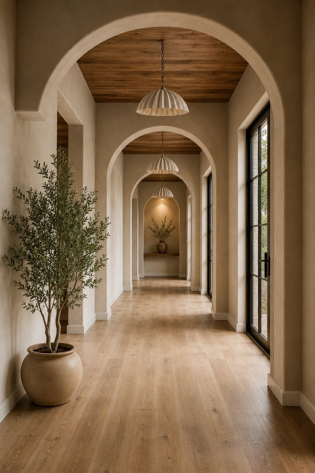 I love taking a simple hallway moment and elevating it with organic shapes and textures! The prettiest arches and ceiling detail accentuated by these stunning pendants and faux tree!

#LTKHome