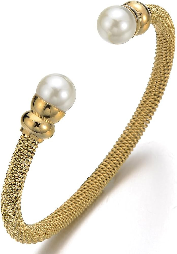 Classic Ladies Stainless Steel Twisted Cable Bangle Bracelet with Synthetic White Pearl | Amazon (US)