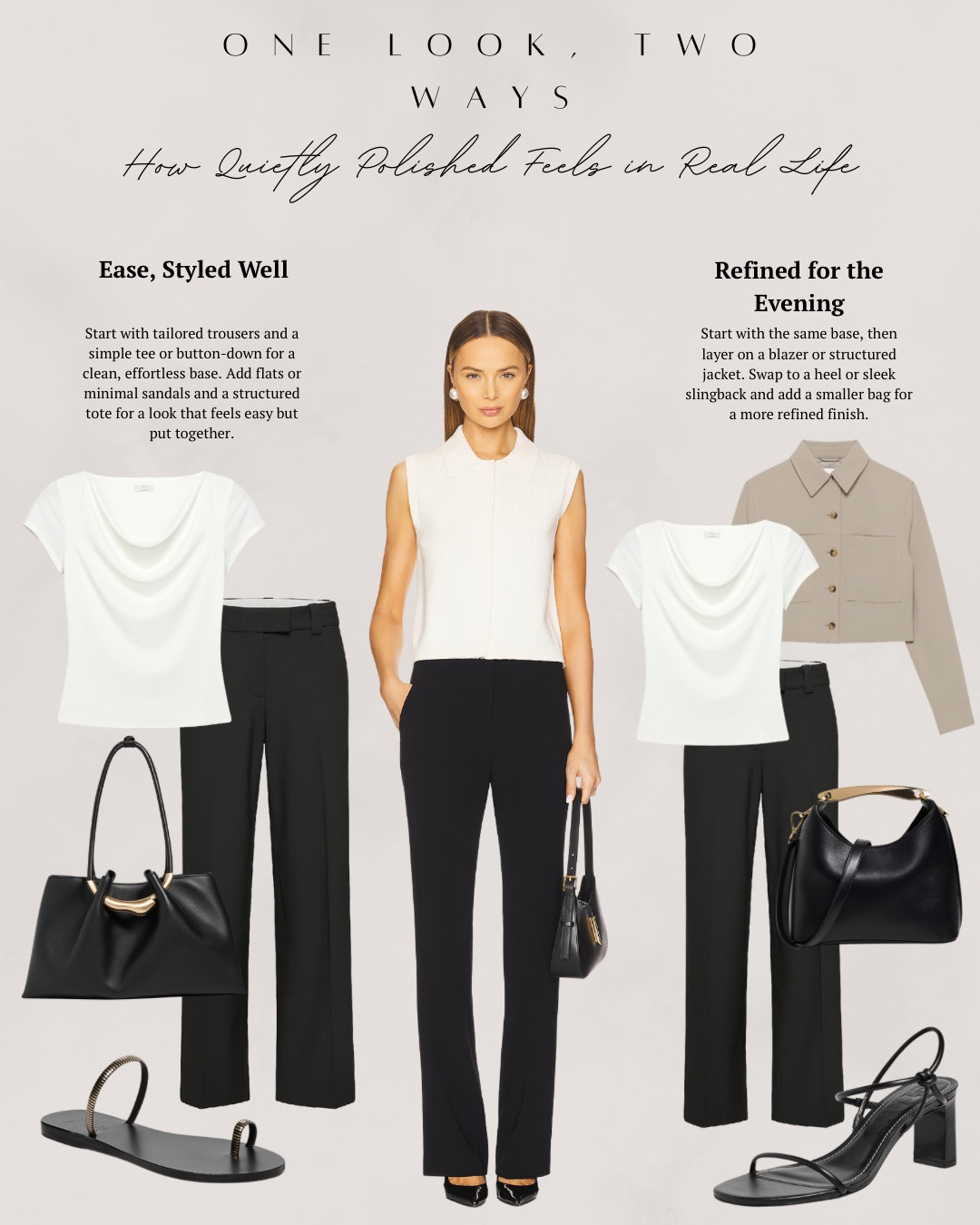 This week it’s all about quiet polish that focuses on restraint. Clean lines, soft neutrals, and simple combinations that speak for themselves. I have a simple and chic outfit of black trousers and cowl neck tshirt styled two ways! I have one with some flat sandals and a tote bag. Then I have it styled with a light taupe jacket, heels and a small black top handle handbag. I also found some amazing pieces from Zara (white top, black bag, heels and silk skirt) that can be used for so many outfits this spring. All linked ⬆️

#ltkcreator #ltkfinds #ltkwatchnow #aritzia #shopbop #cleanpolish #spring #springfashion #springoutfits

#LTKootd #LTKgrwm #LTKSeasonal