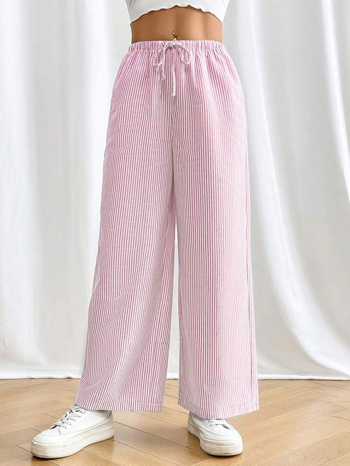 SHEIN PETITE Casual Striped Wide-Leg Pants With Drawstring Waist | SHEIN