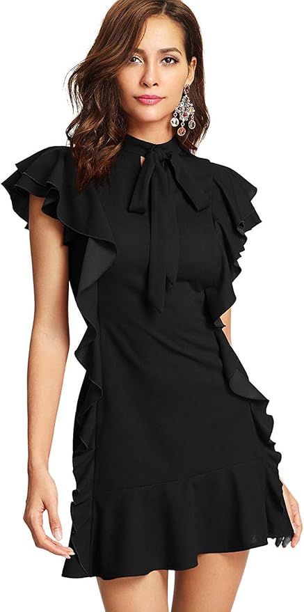 Floerns Women's Tie Neck Short Sleeve Ruffle Hem Cocktail Party Dress | Amazon (US)