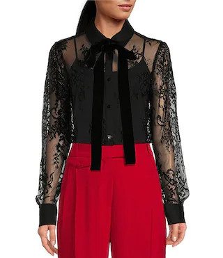 Poplin Point Collar Bow Tie Neck Sheer Illusion Lace Long Sleeve Button Front Shirttail Blouse | Dillard's