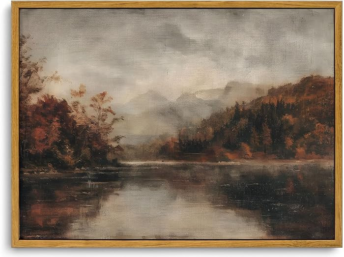 KISSFOX Vintage Autumn Lake Landscape Canvas Wall Art Fall Moody Farmhouse Rustic Country Paintin... | Amazon (US)