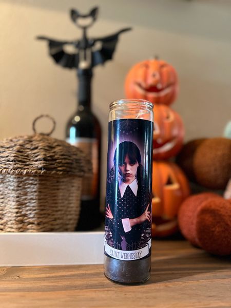 The Luminary & Co Saint Wednesday Addams Candle. It’s September y’all and Halloween is getting closet and closer! I got this Sain candle at our local Fleurty Girl boutique but found similar on Etsy! 
Prayer candle. Wine bottle opener from Amazon and stacked pumpkins from Target.


#wednesday #wednesdayaddams #spooky #saint #halloween 

#LTKparties #LTKSeasonal #LTKhome