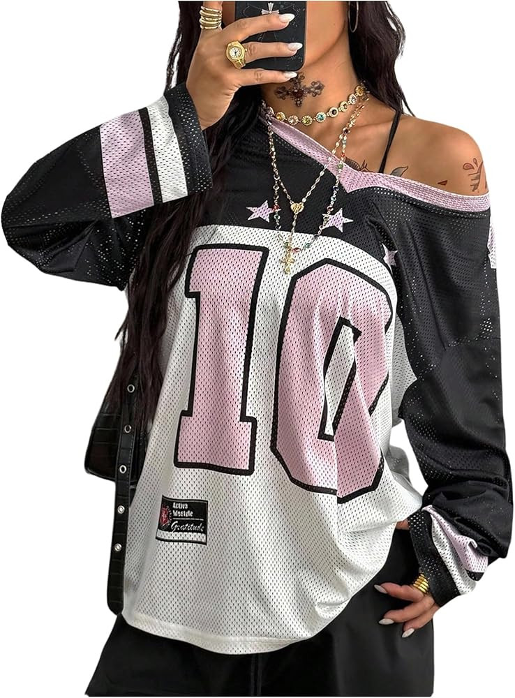 SweatyRocks Women's Y2k Number Baggy Jersey Shirts Oversized Long Sleeve Graphic Tees Tops | Amazon (US)