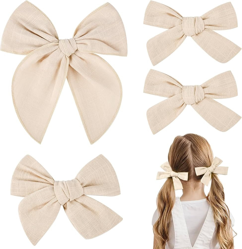 DEEKA 4 PCS Beige Cotton Linen Hair Bows 3 Styles 5" & 4" Handmade Hair Bow set for Toddler Girls... | Amazon (US)
