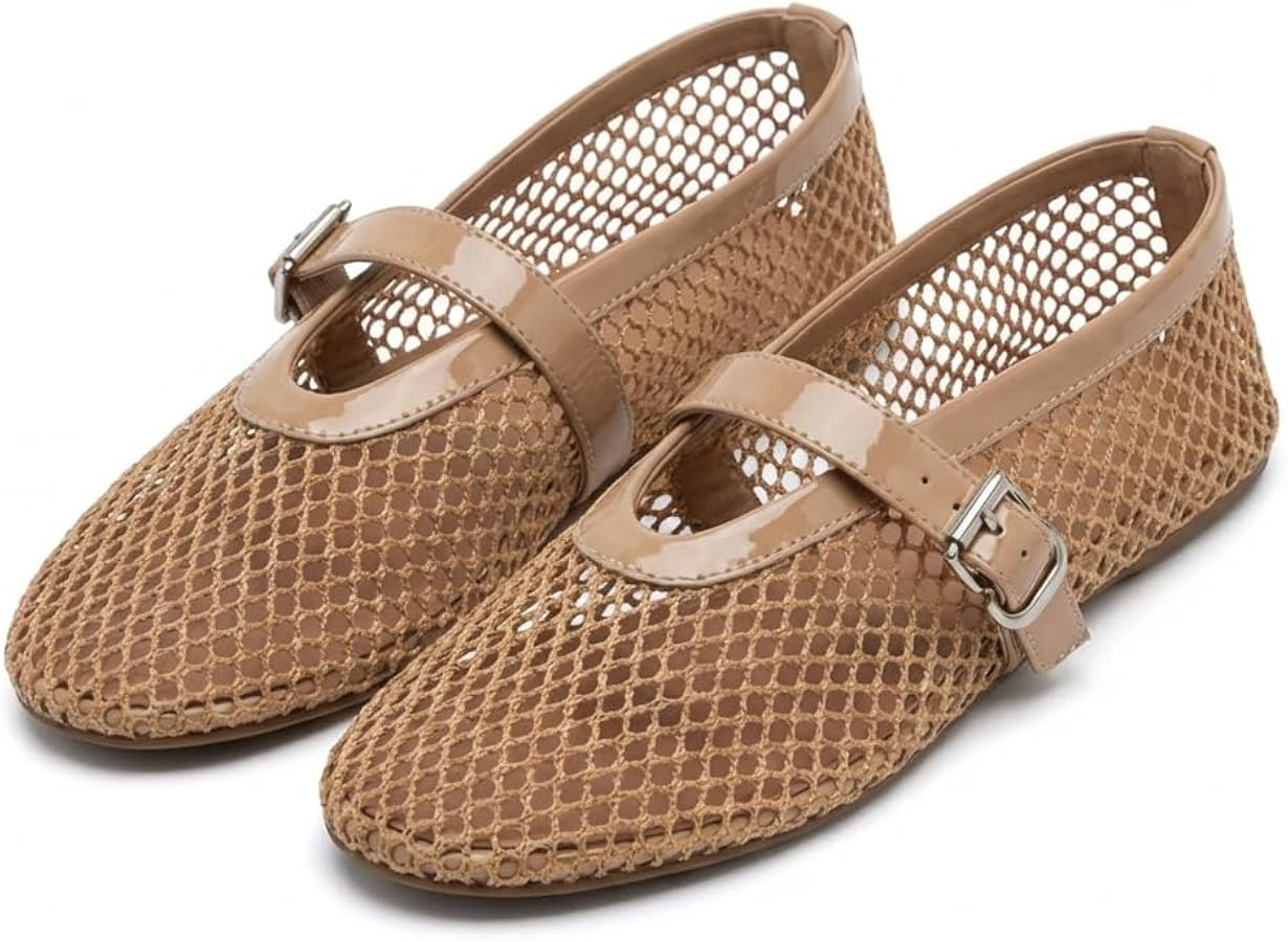 Women's Mesh Ballet Flats Buckle Strap Comfortable Ballerina Shoes Ladies Clear Fishnet Wide Widt... | Amazon (UK)