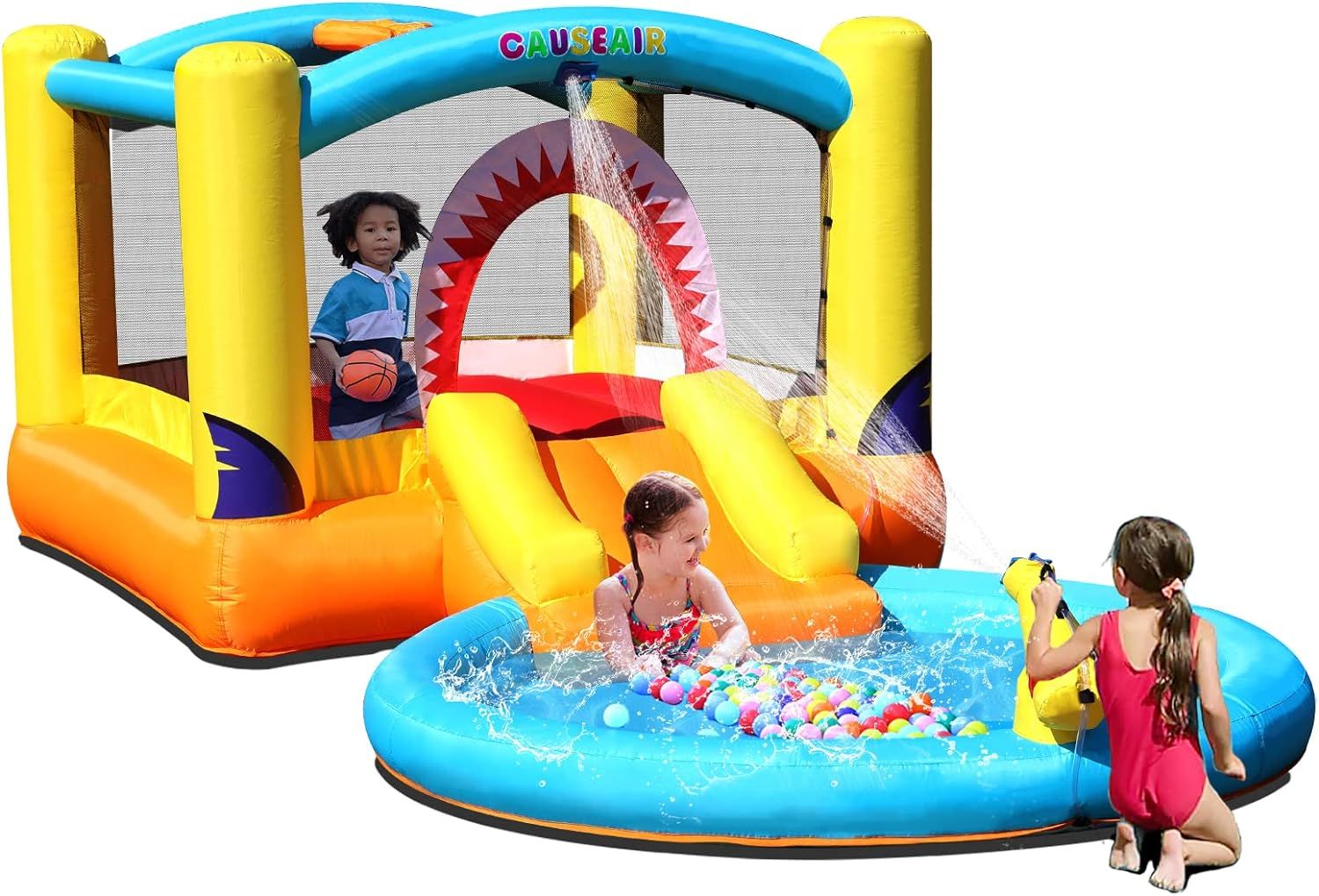 Inflatable Bounce House with Ball Pit & Water Slide,Wet & Dry Use,Water Spray Gun,Basketball Hoop... | Amazon (US)