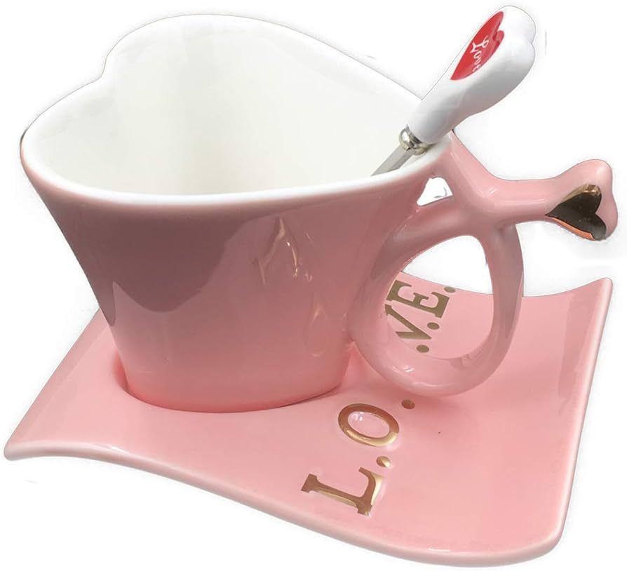 UUOUU Ceramic Coffee Mug Heart-Shaped Cups Pink Creative Milk Mug with Spoon Valentine'S Day Gift... | Amazon (US)