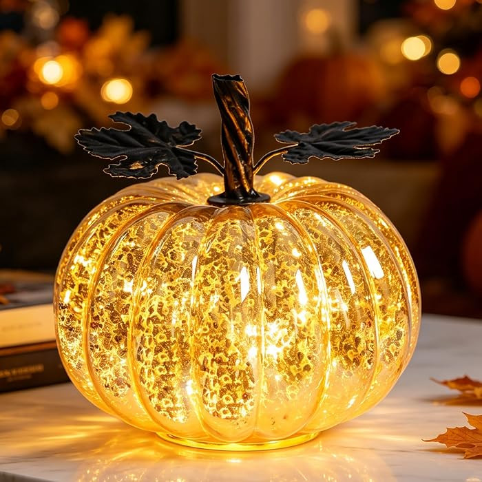 Mercury Glass Pumpkin with Lights and Timer for Tabletop Halloween Thanksgiving Autumn Decoration... | Amazon (US)